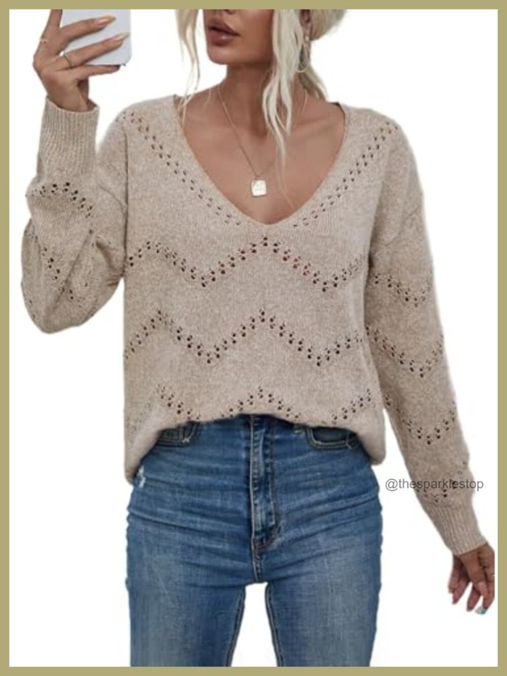 Crochet Sweater Top Hollow Out Long Sleeve Pullover Fall Outfit V-Neck